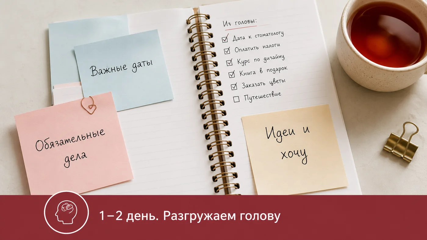 1–2 день. Разгружаем голову: блокнот со списком «Из головы» и стикеры «Важные даты», «Обязательные дела», «Идеи и хочу».