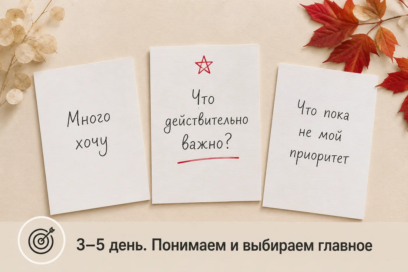 3–5 день. Понимаем и выбираем главное: три карточки — «Много хочу», «Что действительно важно?», «Что пока не мой приоритет».