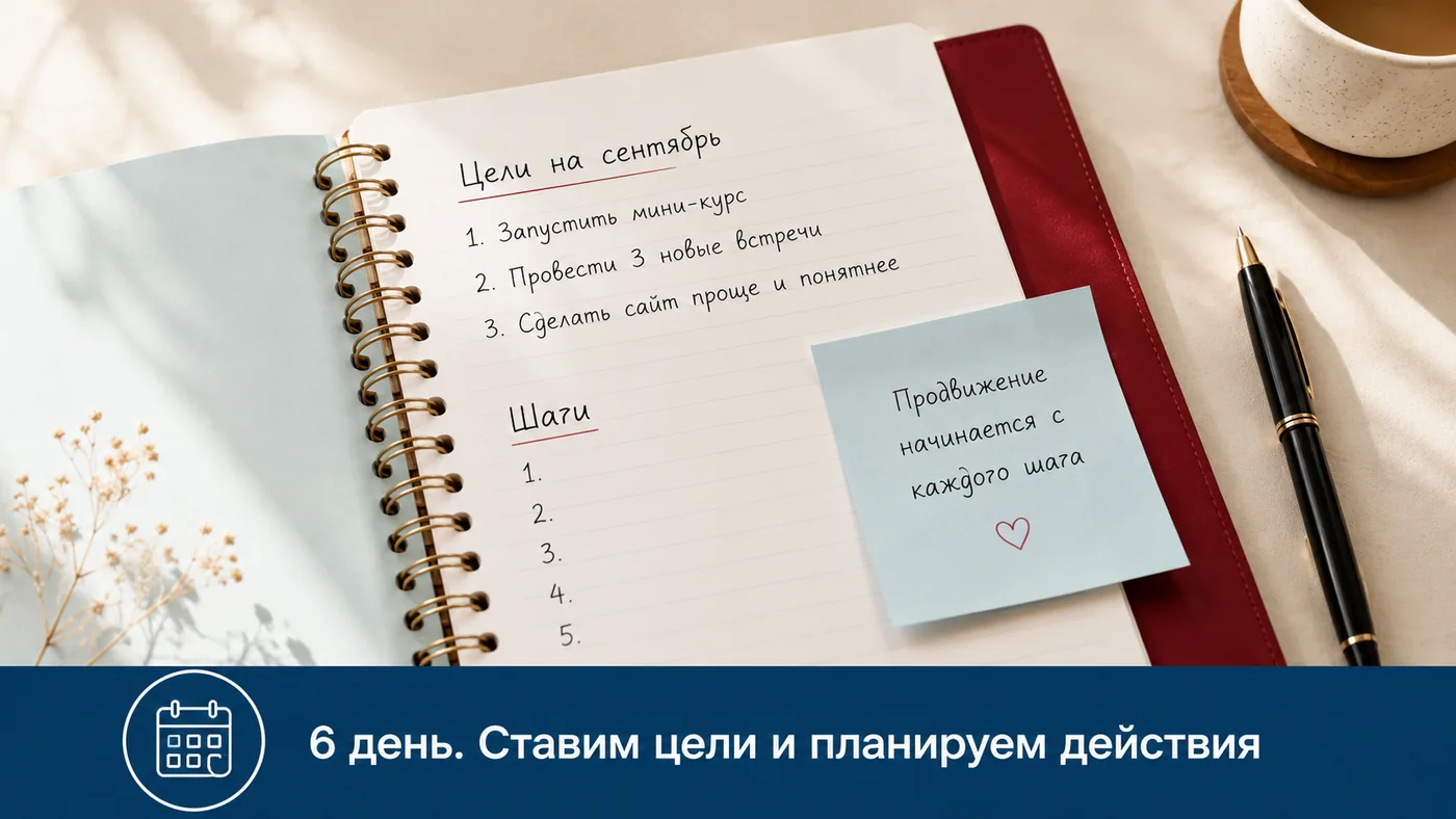 6 день. Ставим цели и планируем действия: блокнот с целями на сентябрь и списком шагов.