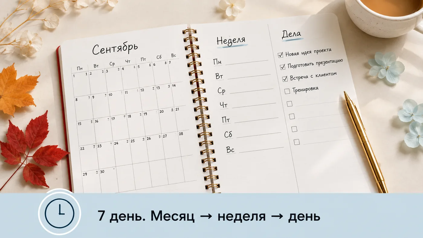 7 день. Месяц → неделя → день: планер с календарём сентября, разворотом недели и списком дел.