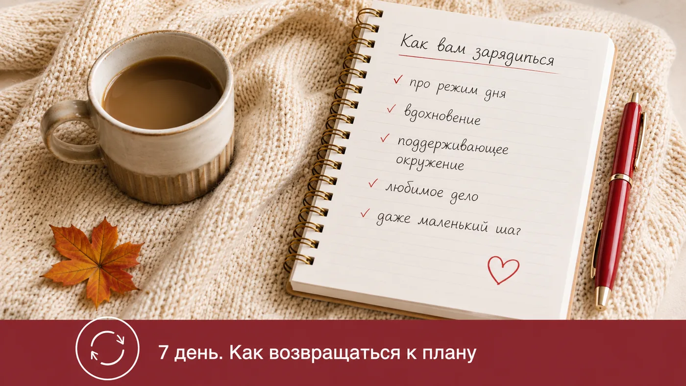 7 день. Как возвращаться к плану: блокнот со списком «Как вам зарядиться» — про режим дня, вдохновение, поддерживающее окружение, любимое дело, даже маленький шаг.