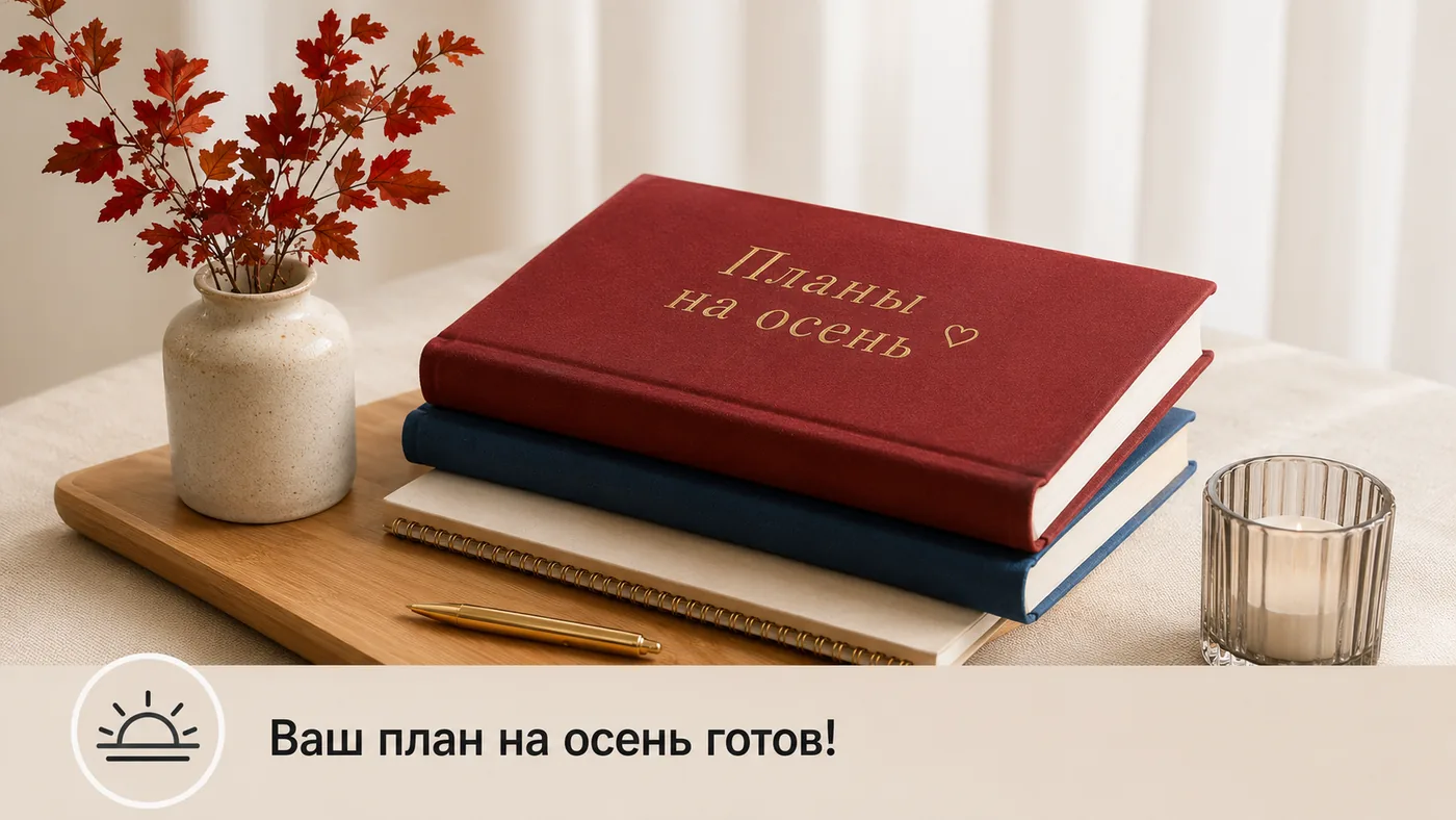 Ваш план на осень готов: книга «Планы на осень», блокнот, ручка и ваза с осенними листьями.